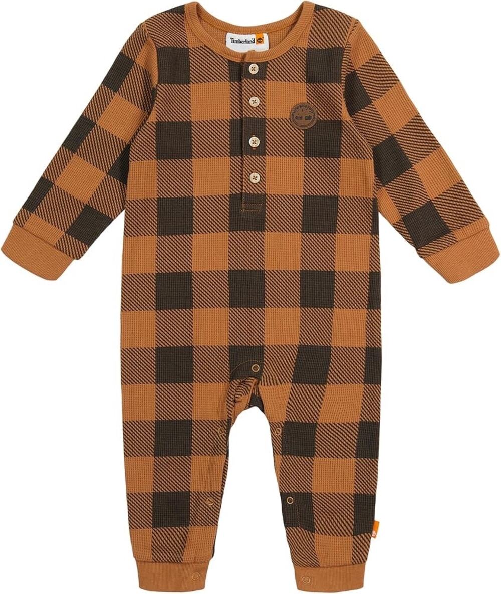 Timberland Brown & Black Plaid Coverall Romper Jumpsuit Size 12 Months